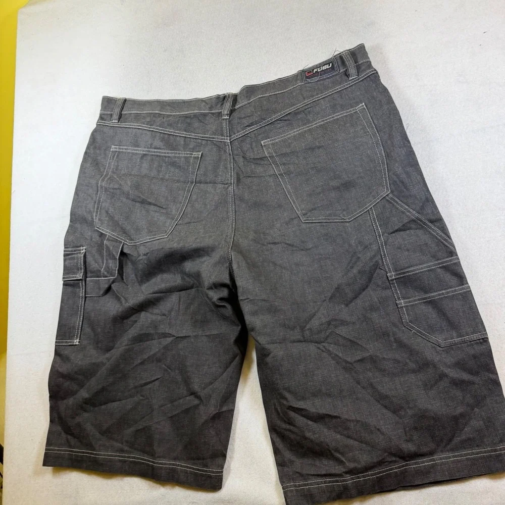 FUBU Mens Baggy Denim Cargo Shorts Dark Wash Contrast Stitch Size 48 Y2K 90s Hi